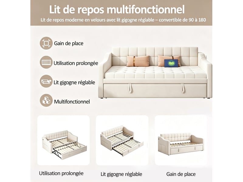  Canapé-lit extensible 90x190 cm avec ports usb beige sans matelas  - Conforama D