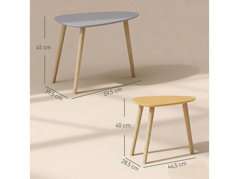  Lot de 2 tables basses gigognes design pieds scandinave en bois et plateau en bois, gris et jaune  - Conforama C