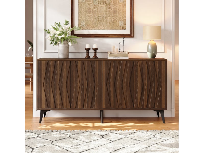 Buffet bas 140x35x70 cm, 4 portes battantes, 2 tablettes réglables, mdf et panneau de particules, bois noyer - Conforama B