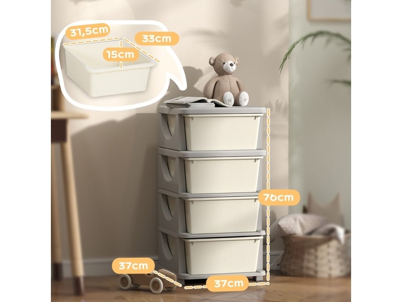  Meuble de rangement enfant 37x37x76 cm crème et gris, plastique, 4 tiroirs amovibles pratiques  - Conforama C