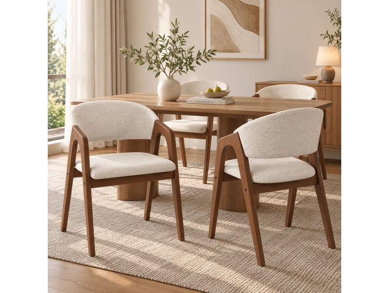  Lot de 6 chaises de salle à manger avec accoudoirs en lin beige avoine et coloris noyer  - Conforama W