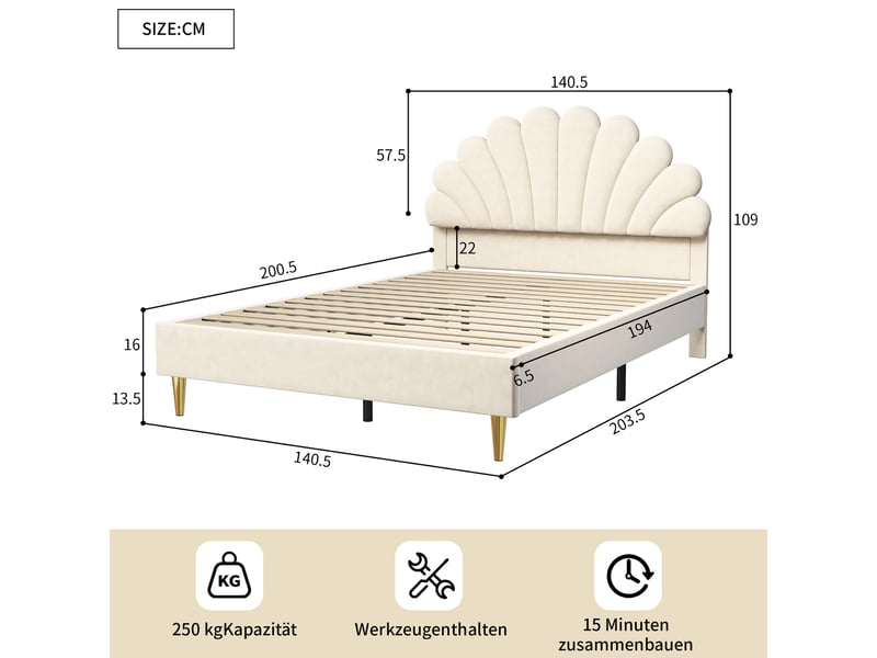  Lit double enfant 140 x 200 avec sommier à lattes, lit fille rembourré avec tête de lits en forme de pétale, velours (matelas non inclus)  - Conforama C