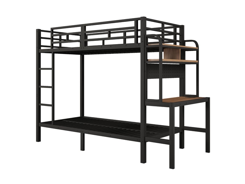  Lit superposé, 90 × 200 cm, noir, métal, bureau, led, usb, étagères, barrières, échelle, sans matelas, led pilotable par appli  - Conforama A