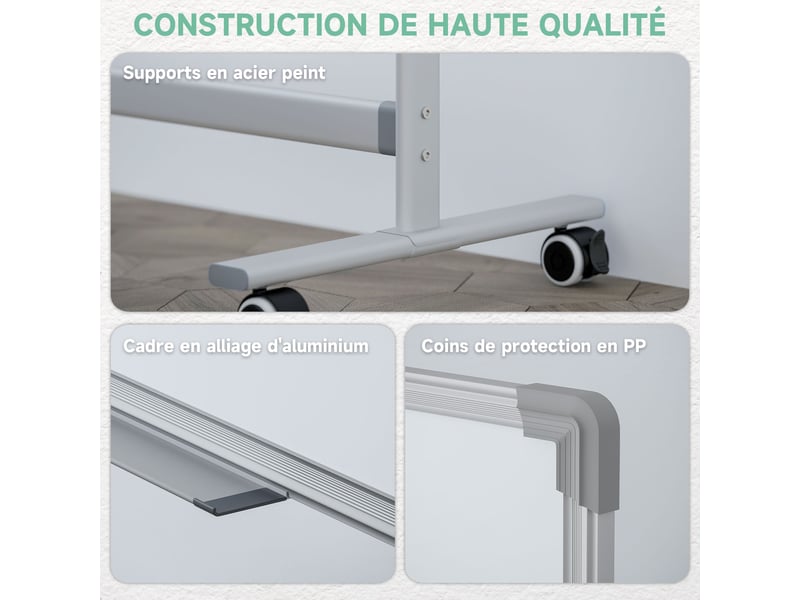  Tableau blanc magnétique double face effacable rotatif mobile avec support, aimants, gomme et roulettes, marqueurs  - Conforama R