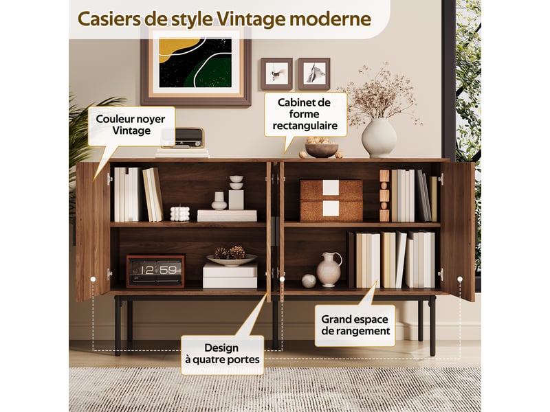 Buffet naturel, 4 portes, rangement, rotin, fermeture douce, design moderne, structure robuste - mdf - 140x40x80cm - Conforama D