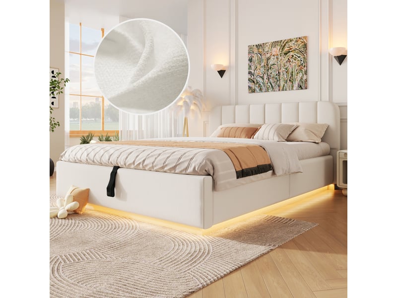  Lit coffre 140x200 cm beige, tissu chenille, sommier relevable hydraulique, led contrôlée par appli, sommier à lattes inclus  - Conforama R