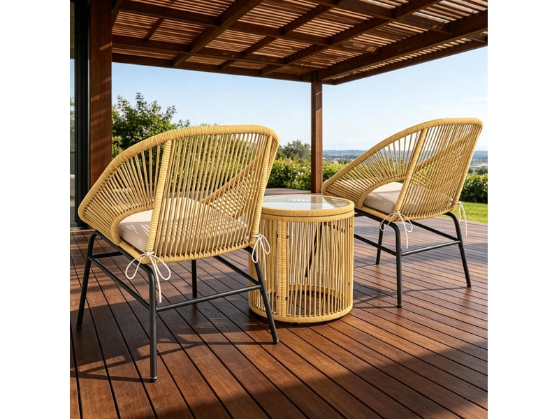 Salon de jardin 2 personnes beige avec 2 fauteuils et table ronde en verre trempé  - Conforama E