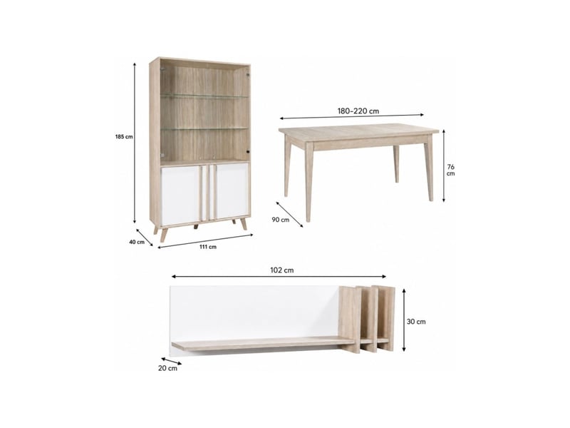  Salle à manger complète malmo avec table extensible, vitrine led et étagère murale – chêne clair et blanc  - Conforama C