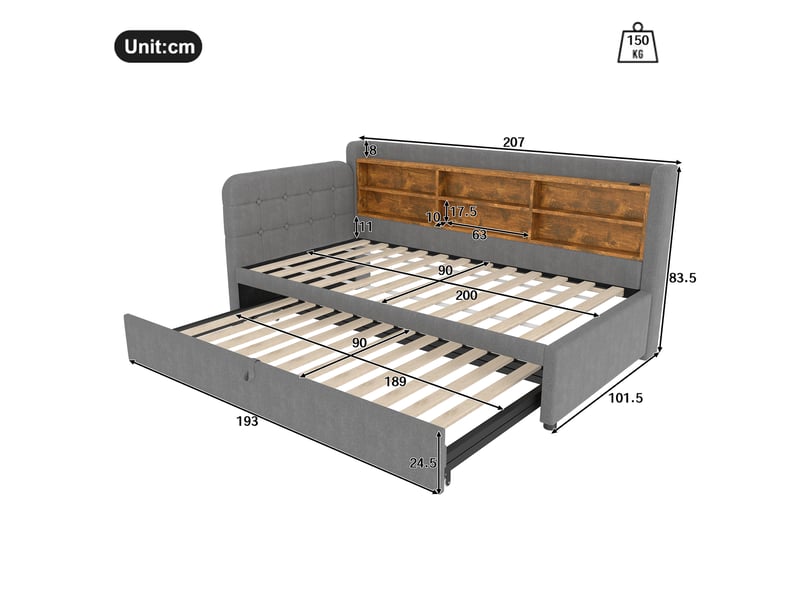  Lit banquette 90x200 extensible 180x200 avec ports usbtype c et rangements - lin gris  - Conforama C