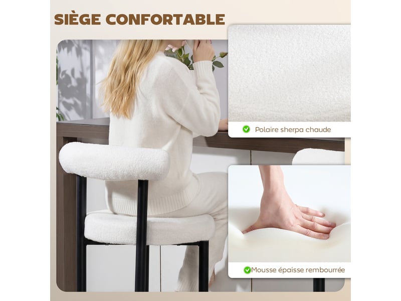  Lot de 2 tabourets de bar, chaises de bar en tissu bouclette avec dossier incurvé, 50x52,5x98cm, repose-pieds, blanc  - Conforama R