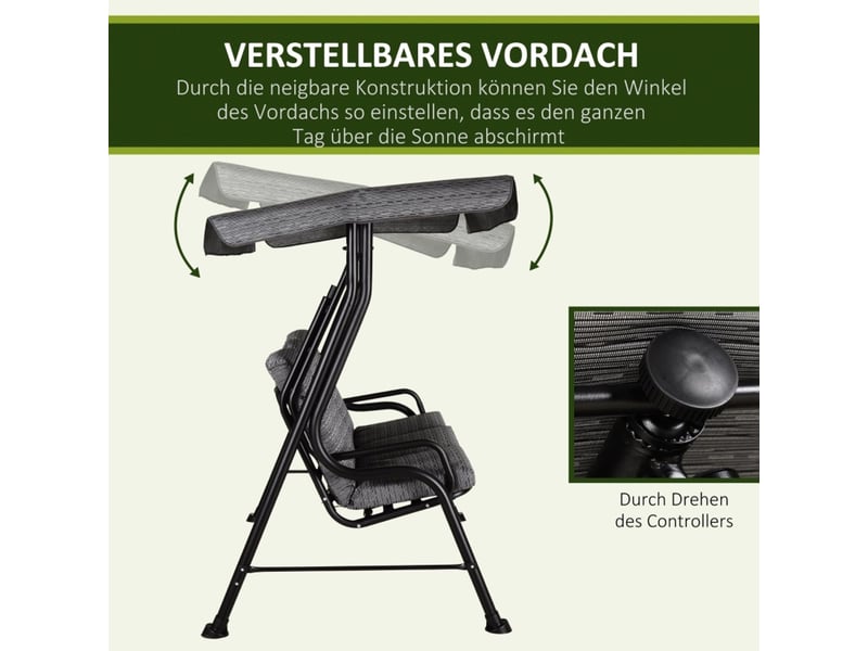 Banc de jardin 200 x 120 x 170 cm 3 places pare-soleil réglable textilène gris - Conforama E