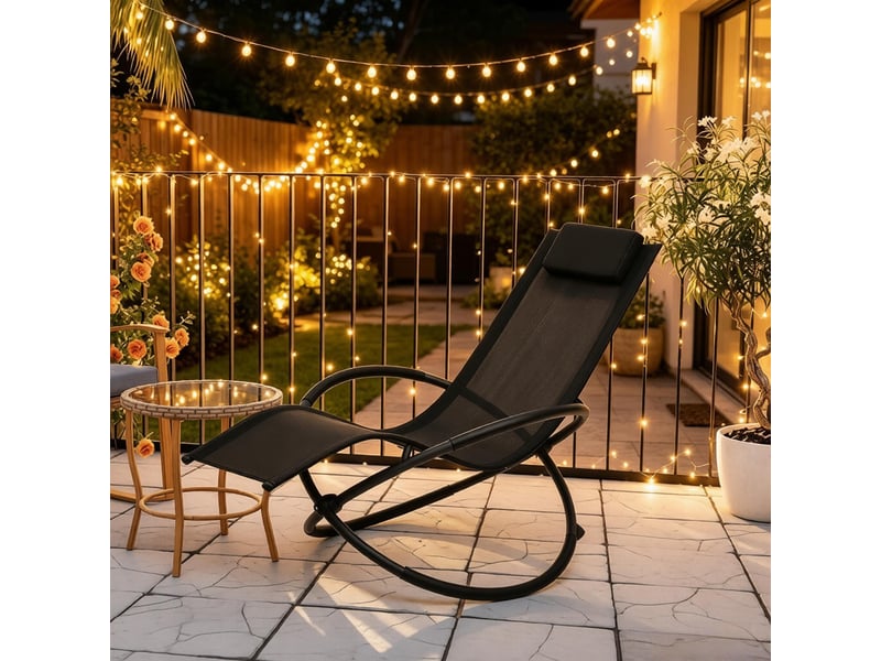  Fauteuil rocking chair 143,5 x 66 x 86 cm - fauteuil baquet de jardin ergonomique -  avec repose-tête - structure métal - noir  - Conforama E