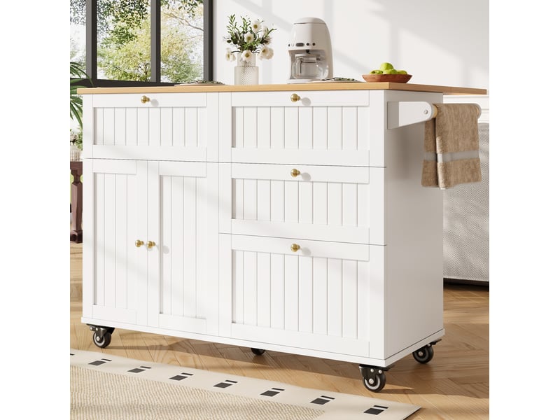  Îlot de cuisine mobile avec rangement et plateau rabattable 133 x 70 x 88 cm blanc  - Conforama D
