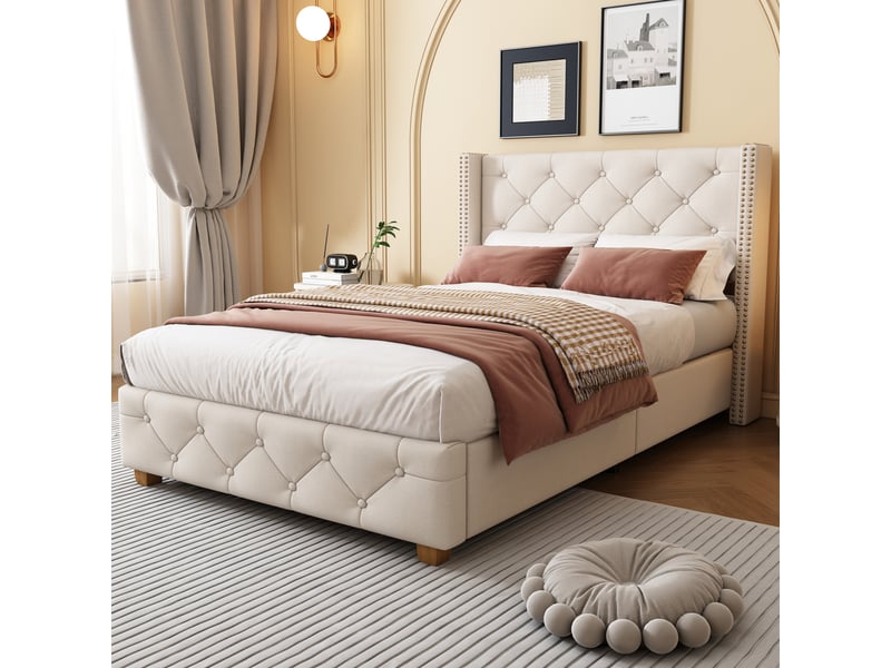  Modenvie lit capitonne 90x200 cm - tete de lit a ailes, capitonnage a boutons - sommier inclus, beige  - Conforama B