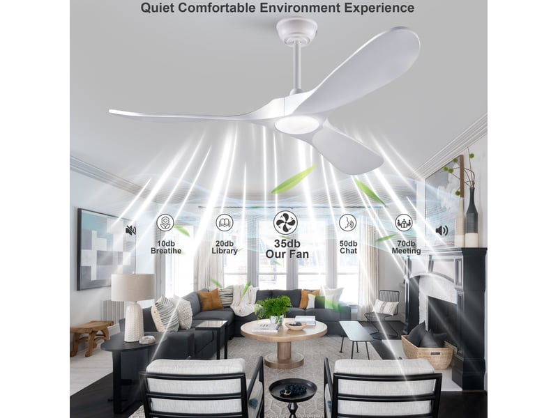  Ventilateur de plafond 52 pouces blanc avec led, télécommande, 3 pales en bois, réversible, 6 vitesses  - Conforama E