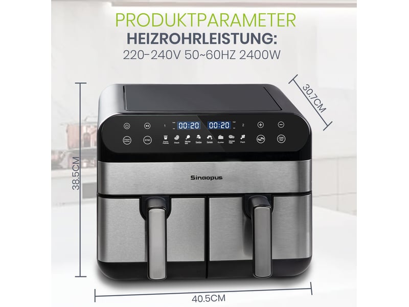  Friteuse à air 10l 40,5x30,7x38,5 cm double zone avec écran tactile led 8 fonctions noir  - Conforama E
