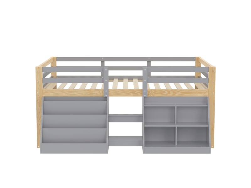  Lit superposé mi haut 140x200 cm gris et bois clair pin mdf rangement led échelle barrière sans matelas Sol Morn - Conforama A