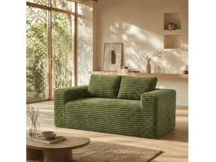 Canapé 2 places 160x88x58 cm sans pieds, assise profonde, tissu côtelé vert, sans montage, pour petits espaces