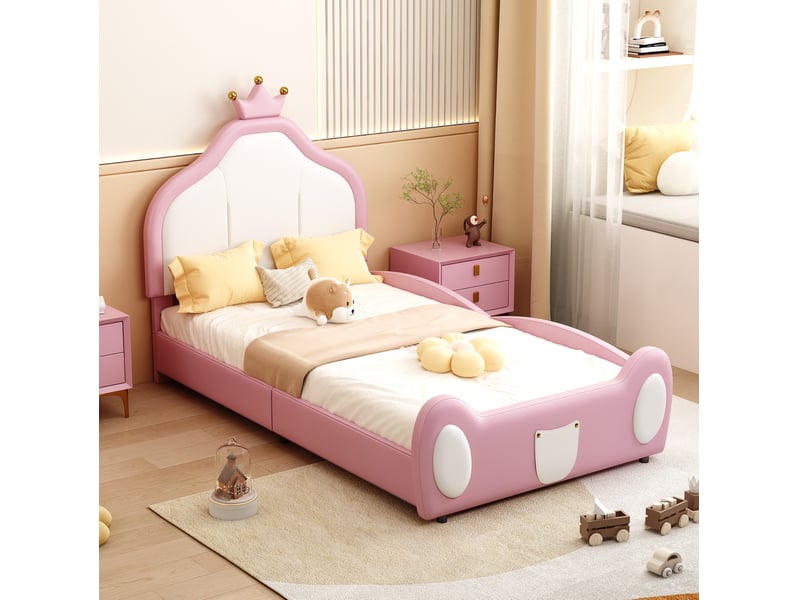  Lit enfant 90 x 200 cm rose et blanc, tête de lit couronne en similicuir  - Conforama E