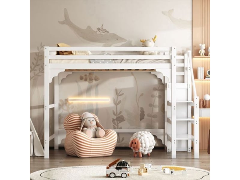  Lit surélevé lit jeune lit adulte lit 140x200cm avec escalier avec armoire lit d'adolescent espace de rangement blanc  - Conforama B