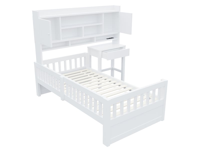  Lit enfant 90x200 cm en bois avec bureau à tiroirs, niches de rangement, led, prise et barrières, blanc Fay Lum - Conforama R