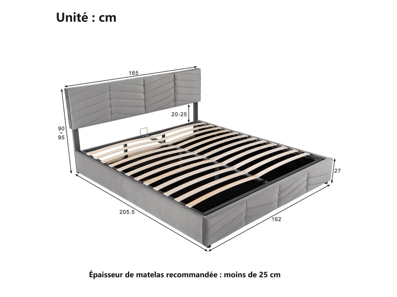  Lit coffre 160x200 - lit double rembourré avec sommier à lattes - velours - sans matelas - gris  - Conforama C