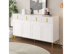 Buffet avec poignées et pieds dorés, 4 portes, 4 tiroirs, avec stratifié amovible, adapté au salon, 140x37,8x82 cm.
