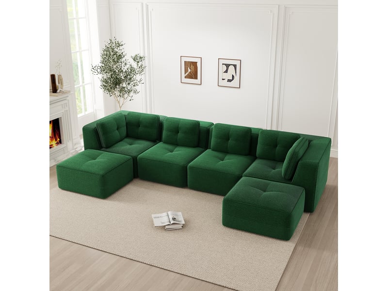  Canapé modulable en u 386x177x69 cm, sans montage, spacieux accoudoir, 2 poufs, en velours côtelé, vert  - Conforama E