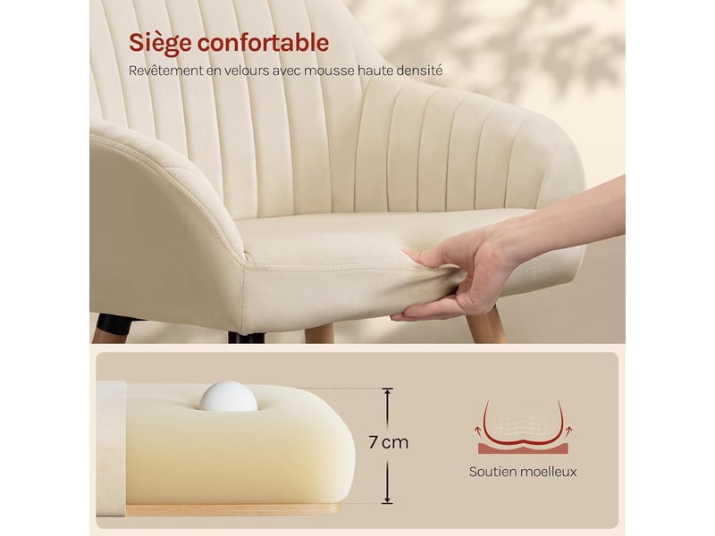 Lot de 2 chaise de salle à manger pour cuisinesaloncafé-siège en velours-pieds en bois massif-crème - Conforama W