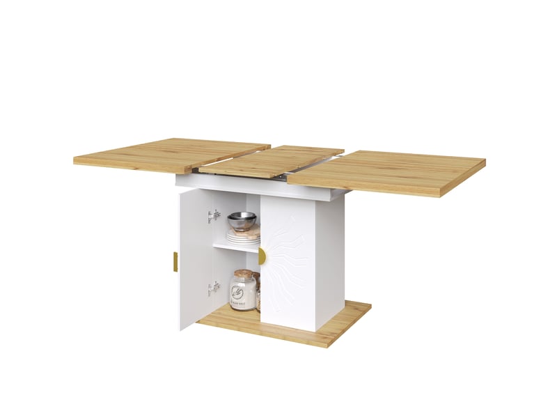 Table à manger rectangulaire extensible 110-140 x 70 cm avec rangement intégré, plateau mdf effet bois, relief soleil et poignées dorées - Conforama D