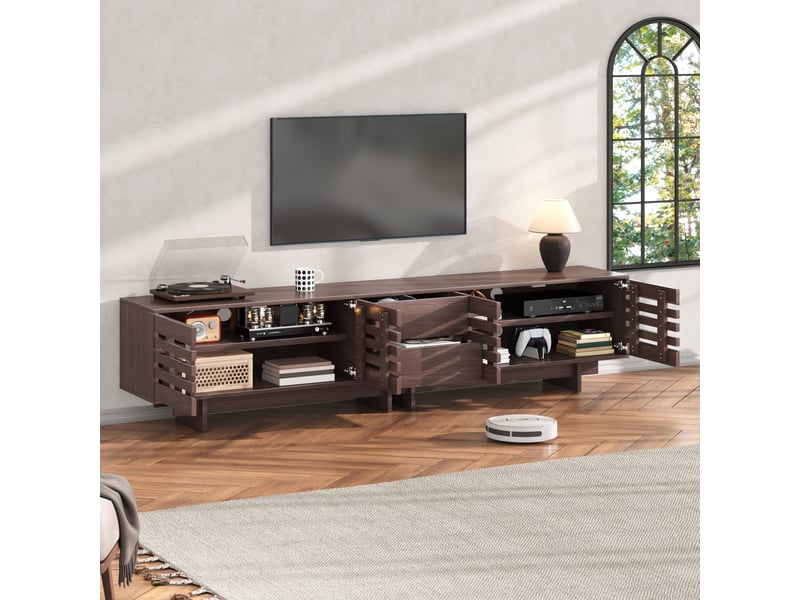  Meuble tv 200x39,5x55 cm - meuble bas avec 4 portes, 2 tiroirs et 6 espaces de rangement, pour tv jusqu’à 80 pouces - noyer  - Conforama E
