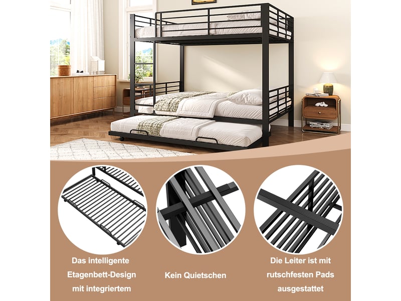 Lit superposé enfant 140x200 cm avec lit gigogne, 3 couchages, rangement gain de place, barrière de sécurité, structure métallique, noir Radiant Stride - Conforama E