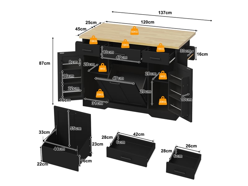  Îlot de cuisine mobile 120x45(70)x87 cm avec plateau rabattable en mdf noir  - Conforama E