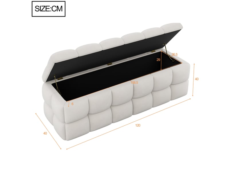 Banc coffre 120x40x40 cm, assise rembourrée, grand rangement à couvercle relevable, beige crème  - Conforama C