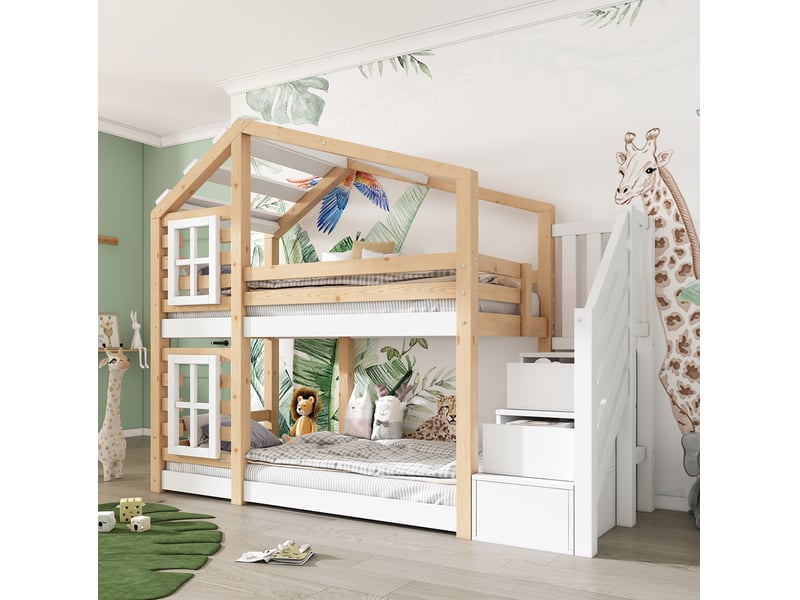  Lit superposé enfant cabane 90x200 cm avec rangement, bois et mdf naturel blanc  - Conforama B