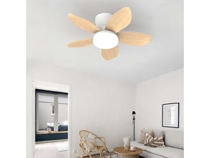 Ventilateur de plafond moderne 65 cm, 5 pales, lumière led, télécommande, 6 vitesses, moteur dc réversible(blanc et finition bois)