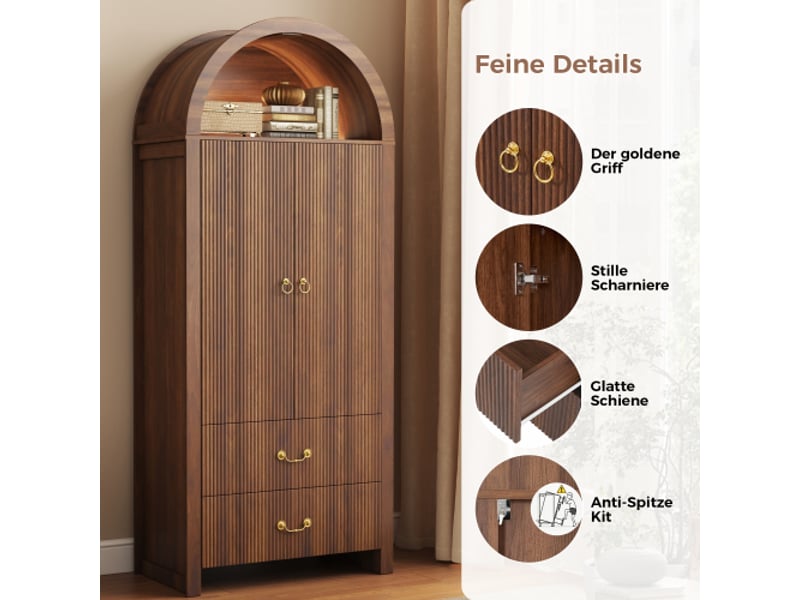  Armoire haute arquée 76x38x180 cm noyer, niche led via application, 2 portes rainurées, 2 tiroirs, mdf et panneaux  - Conforama E