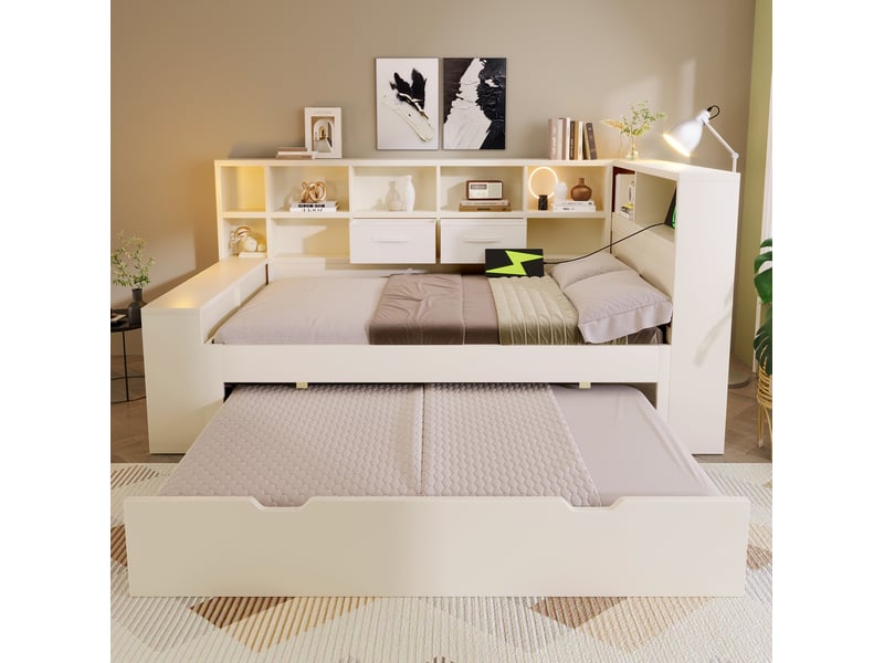  Lit jeune, lit gigogne 90x190 cm avec rangement et ports usbtype-c bois couleur blanc  - Conforama D