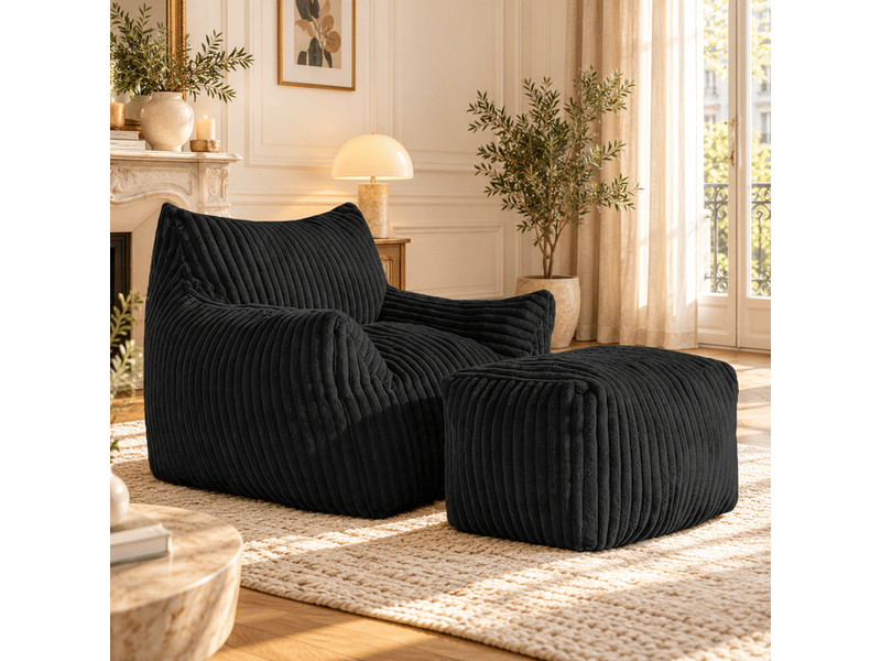  Fauteuil lounge avec pouf repose-pieds assorti 103 x 90 x 70 cm, tissu côtelé effet flanelle, mousse haute résilience - gris anthracite  - Conforama B