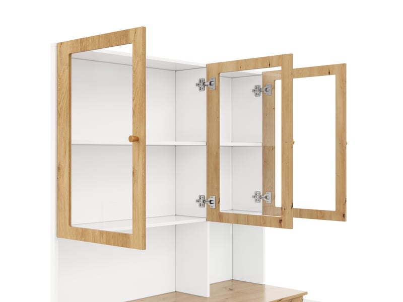  Vitrine haute 120x200 cm avec led multicolore, plan de travail rallongé, 3 tiroirs, 1 porte et passe-câbles, blanc et chêne  - Conforama E