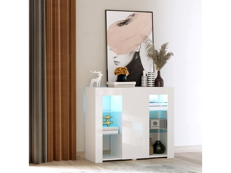  Buffet moderne avec éclairage led, une porte laquée brillante, fermeture à pression, étagères réglables et télécommande, 97 x 35 x 83 cm, blanc  - Conforama D