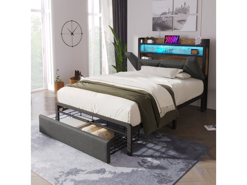  Lit avec rangement 90x200 cm - lit simple avec tête de lit led et fonction usb type-c - lin - sans matelas - gris  - Conforama B