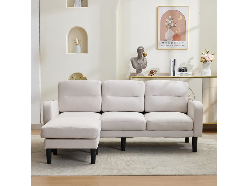 Canapé d’angle 3 places avec méridienne, canapé modulable beige en tissu pour salon, rangement latéral, 204 x 136 x 80 cm  - Conforama R