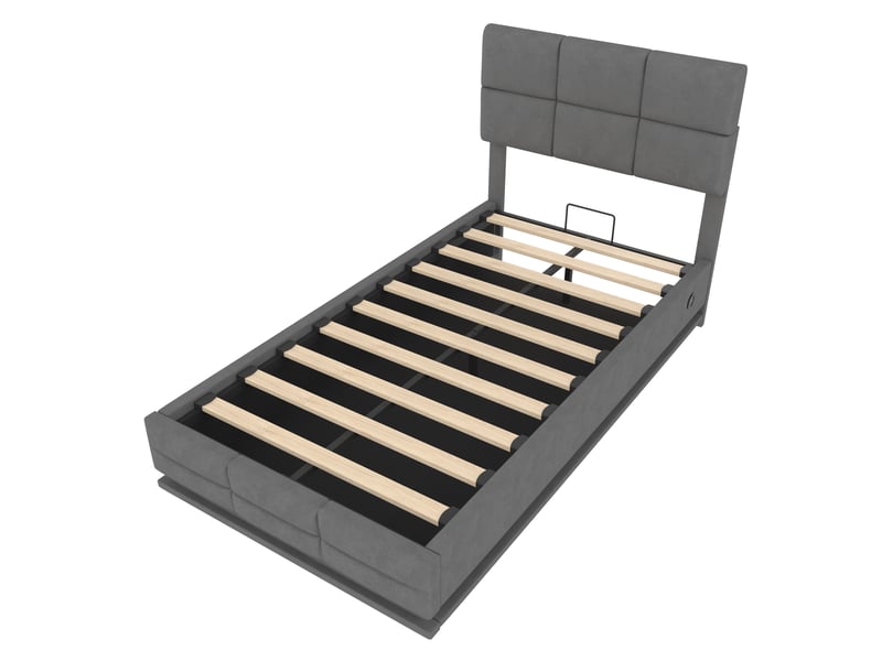  Lit 90x200 cm coffre avec tête réglable et led, velours, gris, sans matelas  - Conforama R