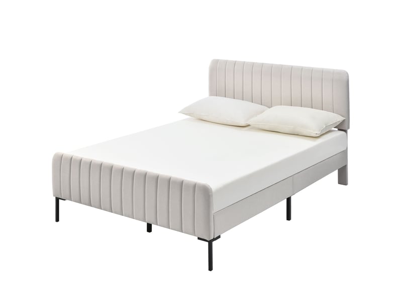  Lit double capitonnée 180x200 cm avec sommier à lattes et tête de lit réglable, tissu lin gris-beige  - Conforama R