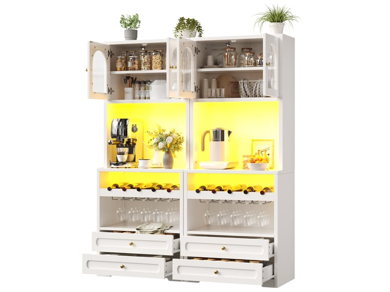  Buffet haut modenvie avec portes vitrées cintrées, led contrôlable par application, synchronisation musicale, étagères réglables, casier à vin, usb, blanc  - Conforama A