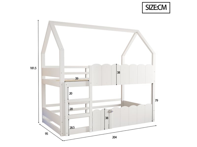 Lit superposé enfant 90x200 cm, avec forme de maison, barrières surélevées, un seul sommier, bois blanc, sans matelas - Conforama C