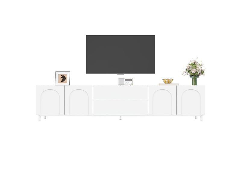 Meuble tv 180x40x48 cm - meuble bas avec 4 portes cintrées, 2 tiroirs, pieds en tube d’acier, structure en panneau de particules et mdf - Conforama A