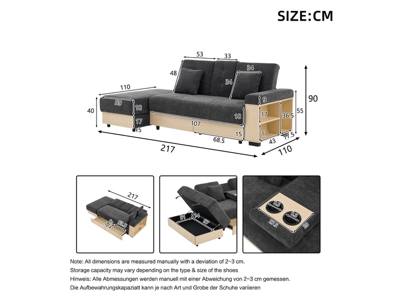 Canapé convertible 3 places avec dossier réglable, rangement, 2 tiroirs et porte-gobelets en chenille gris - Conforama C