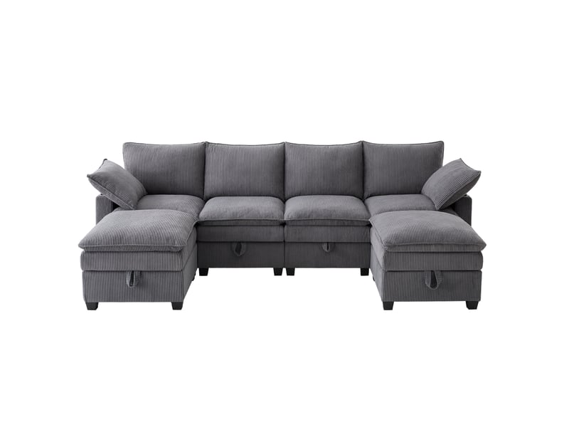  Canapé d'angle modulable 280x151x82 cm, porte-gobelets, ports usb et rangements, finition velours côtelé gris  - Conforama A